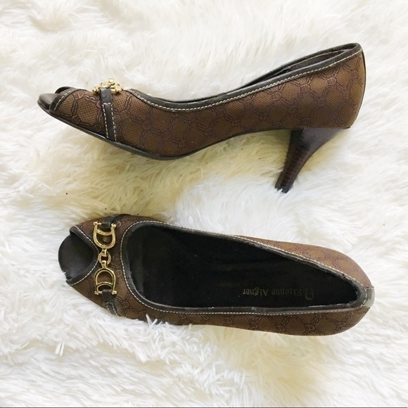 Etienne Aigner Brown Logo Print Peep Toe Heel 6.5 - Picture 7 of 7